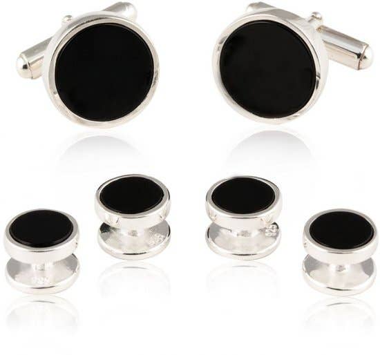 Onyx Sterling Silver Tuxedo Cufflinks & Studs